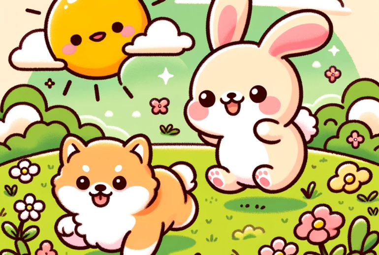 DALL·E 2024-01-19 14.07.31 - A flat vector illustration in the style of Sanrio, Gudetama, and Lotte, featuring a super fluffy bouncy baby bunny frolicking in a green grassy meadow
